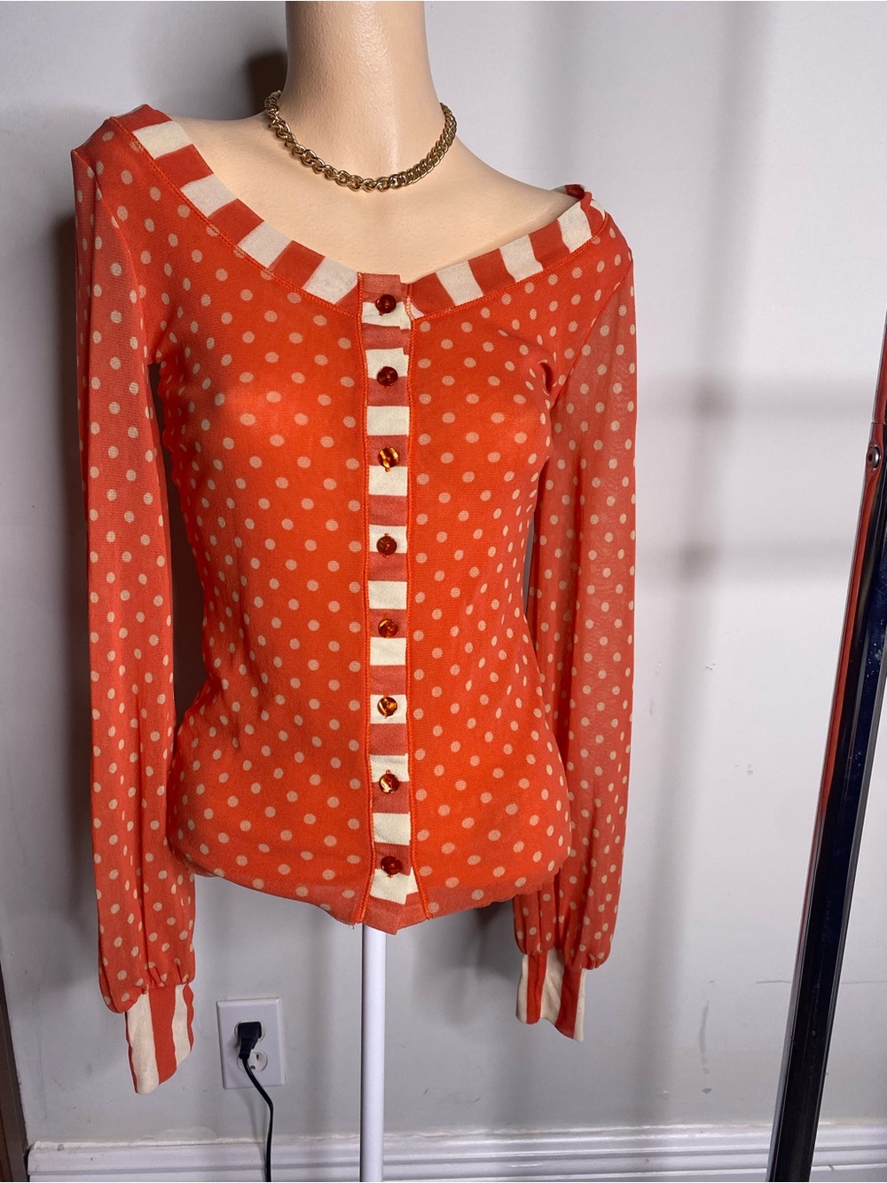 Made in Italy FuzziPolka Dot Button-Front Long Sleeve Blouse in Orange and Cream